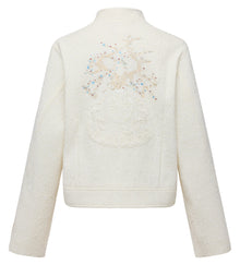 Wool Stand Collar Embroidered Coat | White