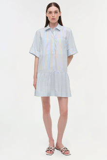 Light blue and white striped cotton shirt dress with short sleeves, button front, and gathered skirt hem.