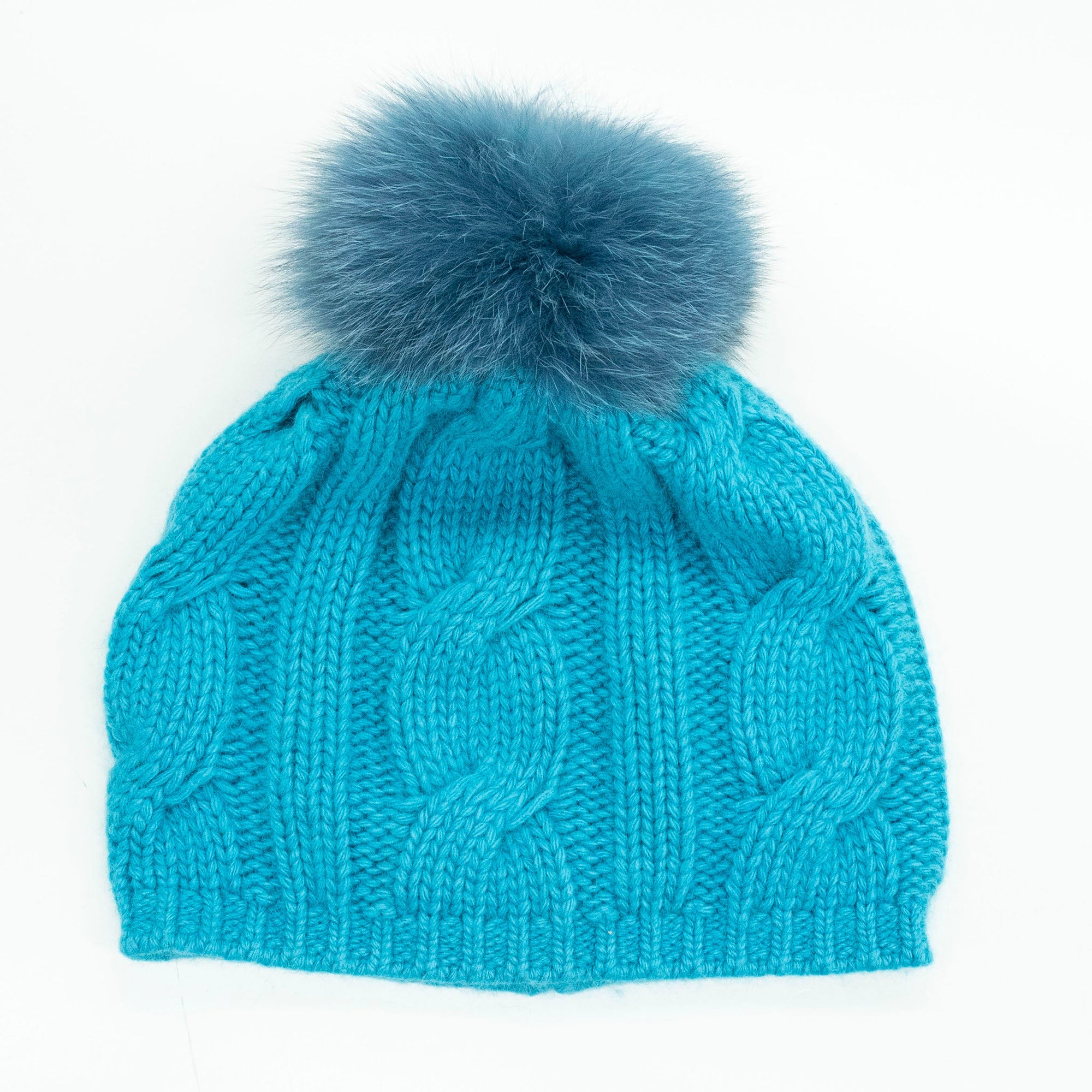 Chunky Cable Beanie With Fox Fur Pom | Blue