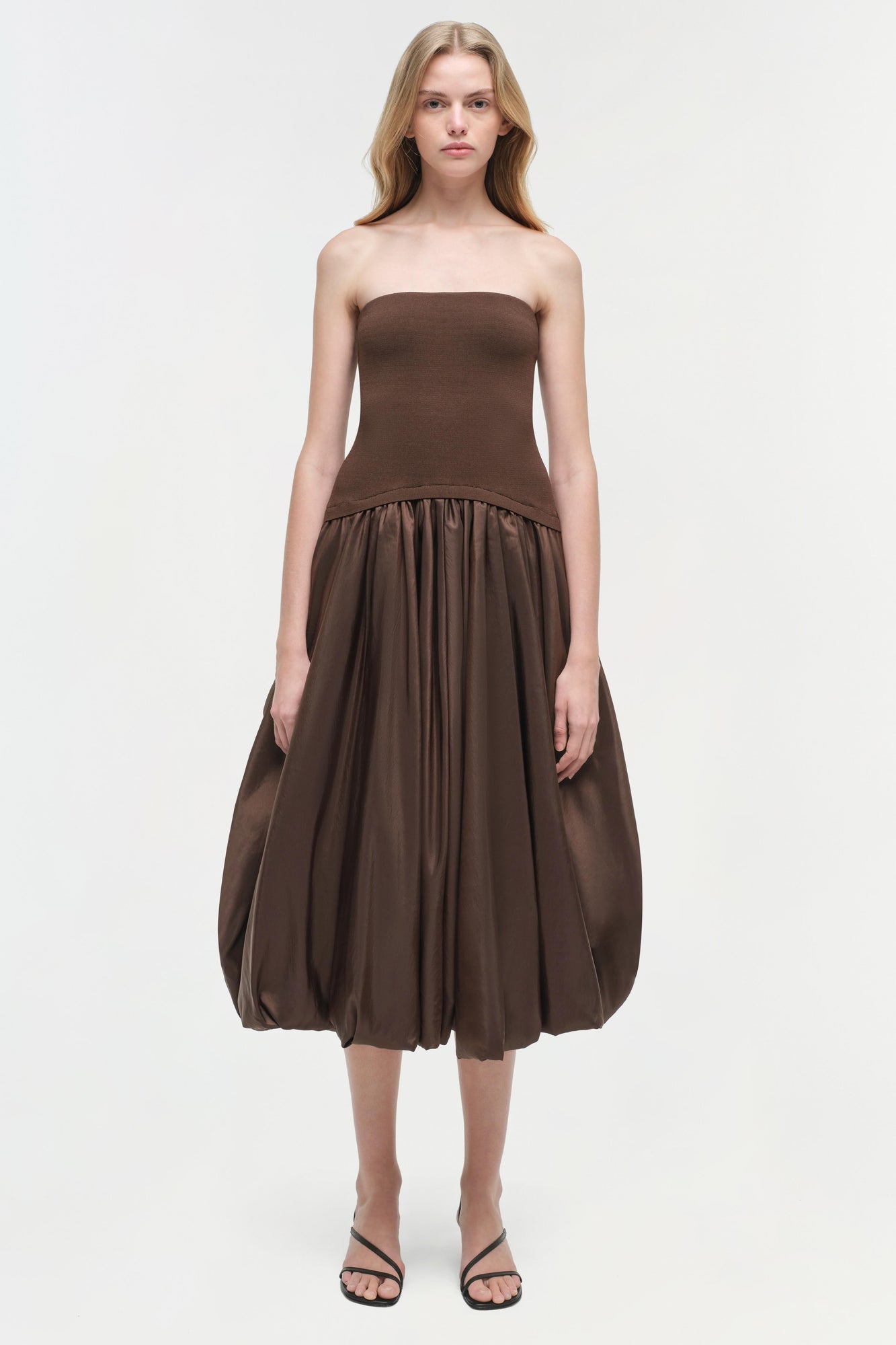 Womens | Izzy Strapless Taffeta Midi Dress | Cocoa