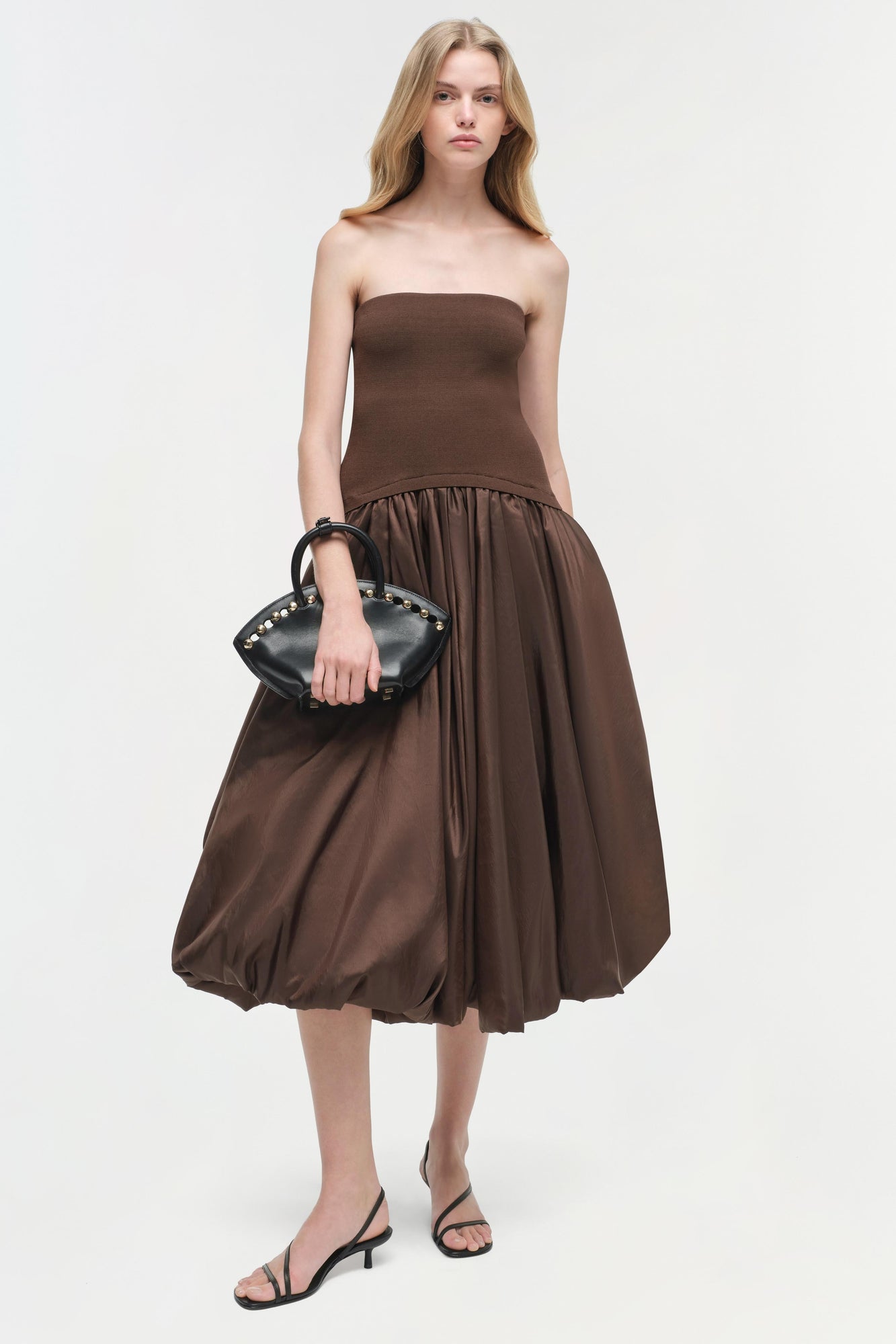 Womens | Izzy Strapless Taffeta Midi Dress | Cocoa