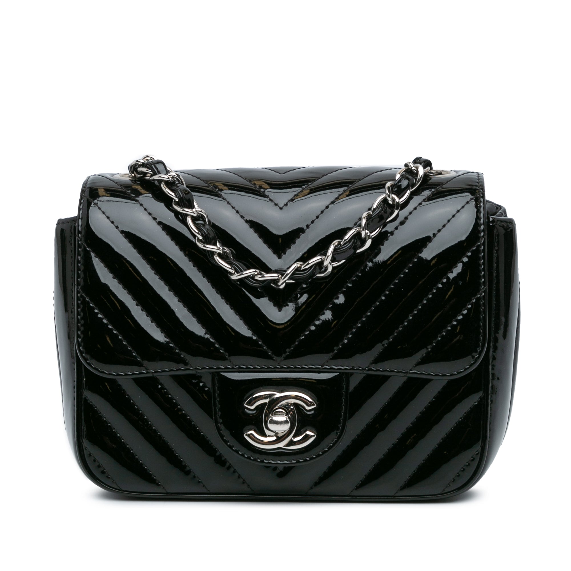 Chanel | Pre-Owned Mini Square Classic Chevron Patent Flap | Black