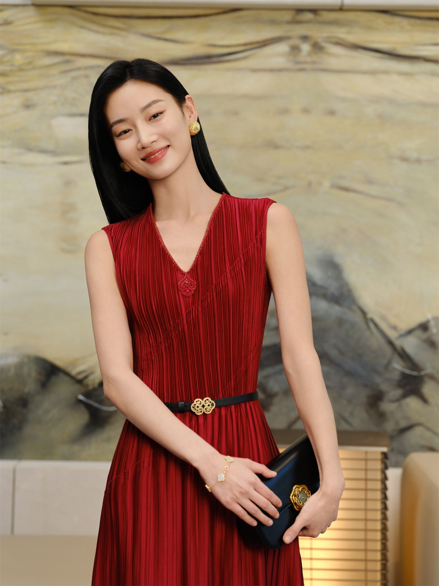 Pleated Waist-Cinched Dress | Red