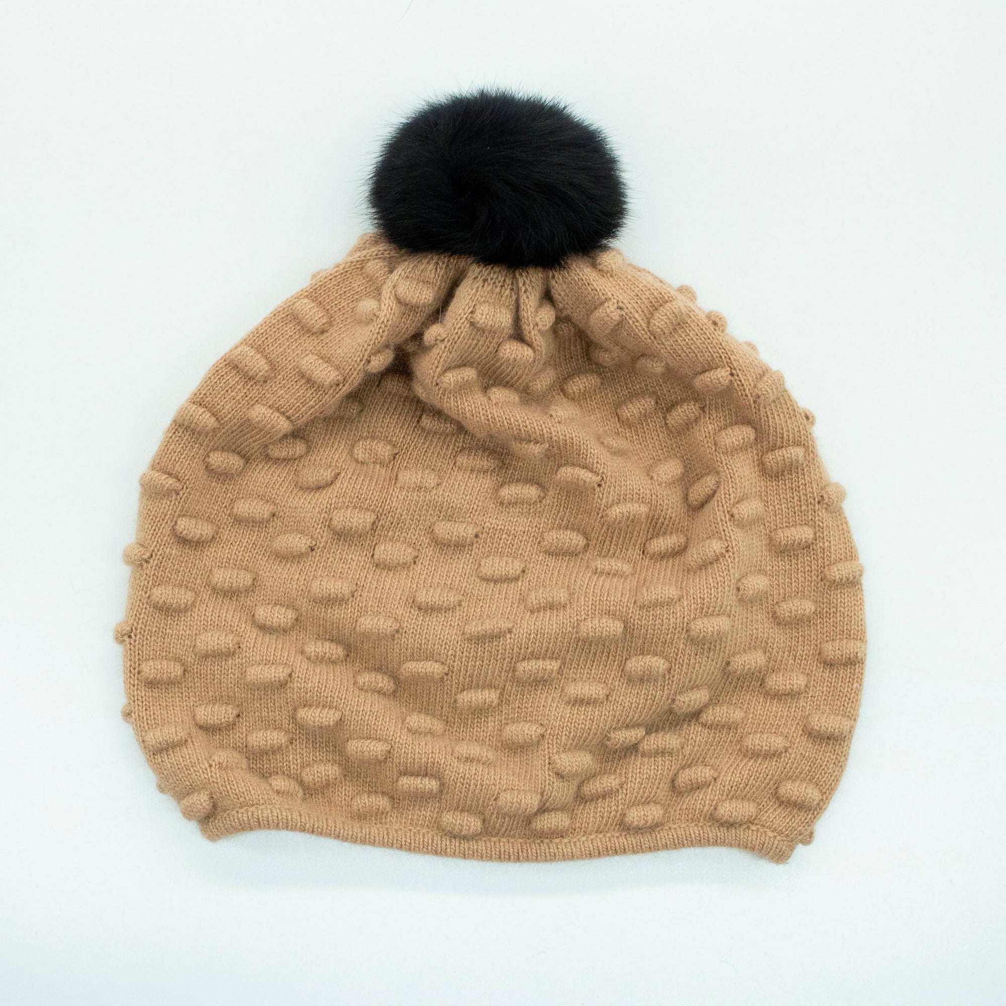 Hat In Popcorn Stitch And Fur Pom | Camel