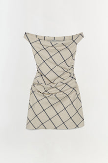 Cream mini dress with charcoal geometric grid pattern and ruched side detailing.
