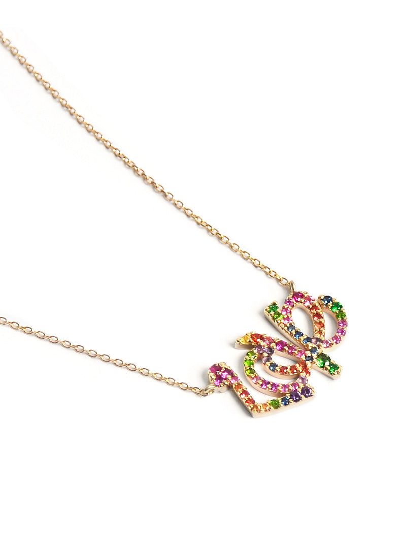 Love Letter Rainbow Pave Script Necklace | Multicolor Sapphire | 14K Yellow Gold