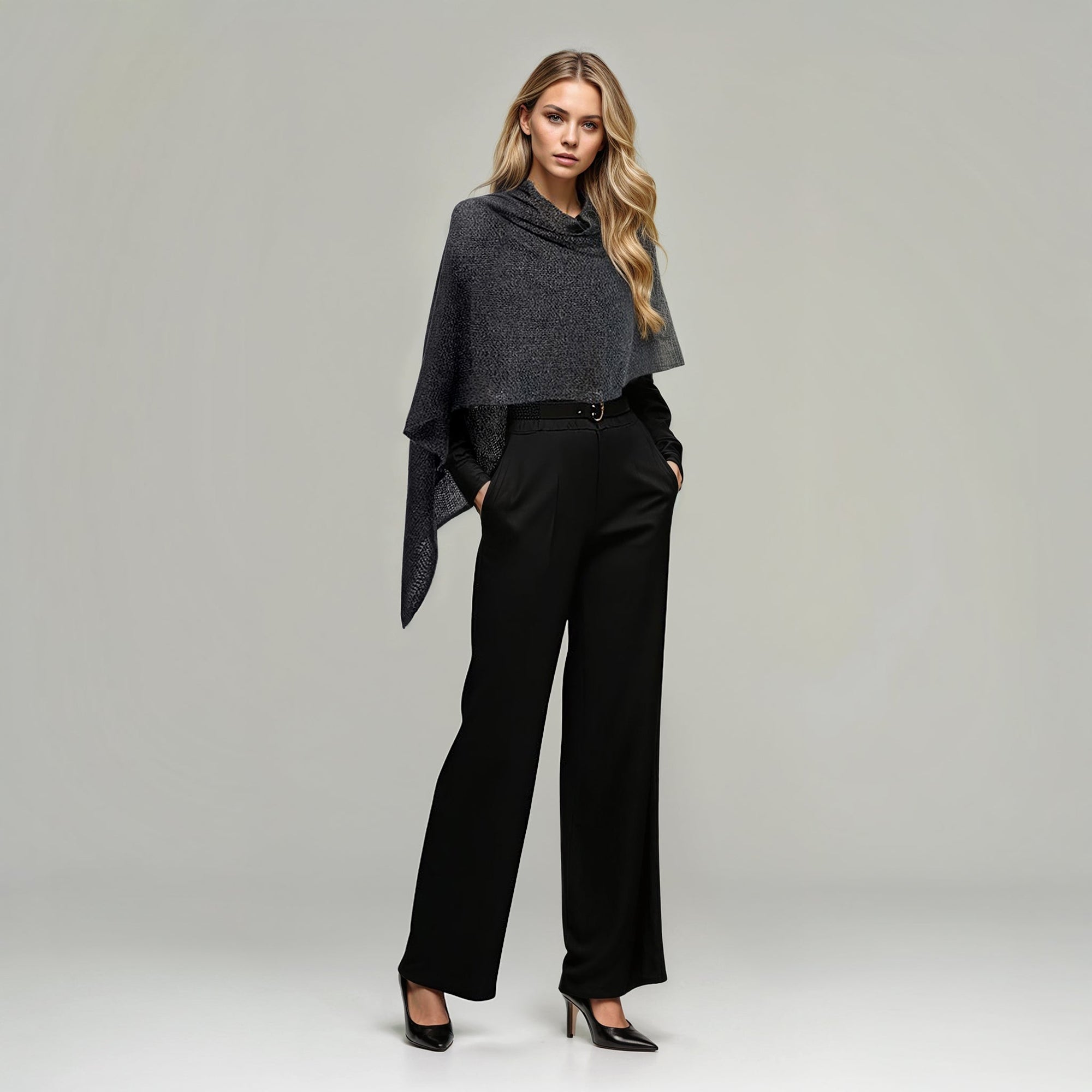 Cashmere Poncho Openwork | Charcoal