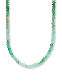 Chrysoprase smooth rondelle beads strung together with 6 gold rondelle stations throughout the necklace