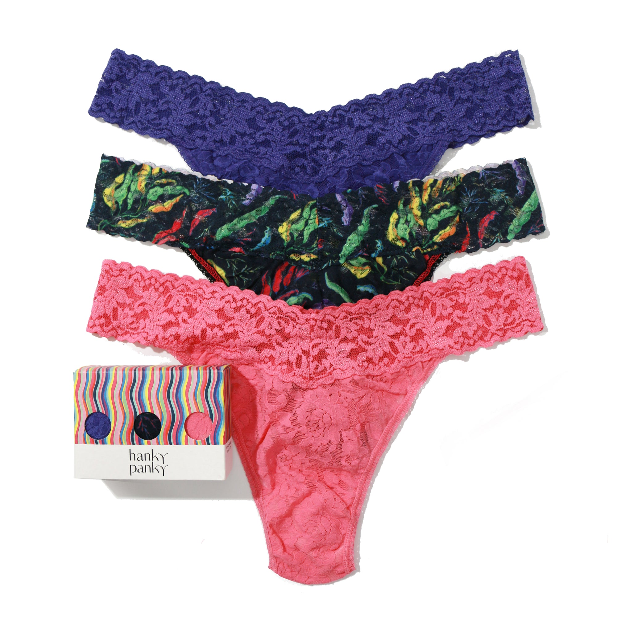 3-Pack Signature Lace Original Rise Thong | Twilight Violet/Floating/Dried Rose