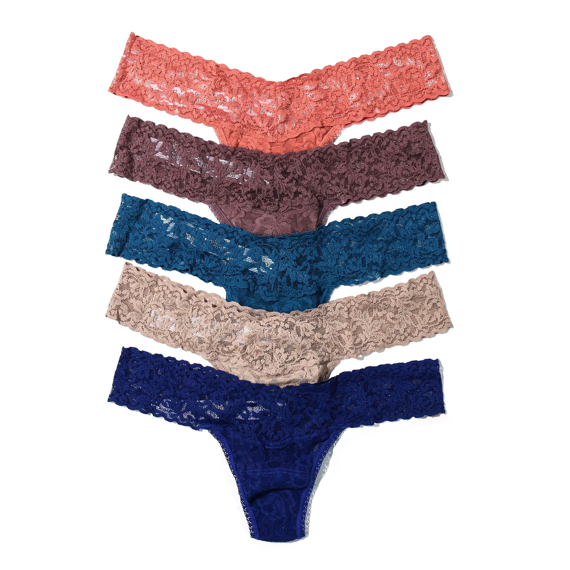 5-Pack Signature Lace Low Rise Thongs | Himalayan Pink/Dusk/Beguiling Blue/Taupe/Midnight Blue