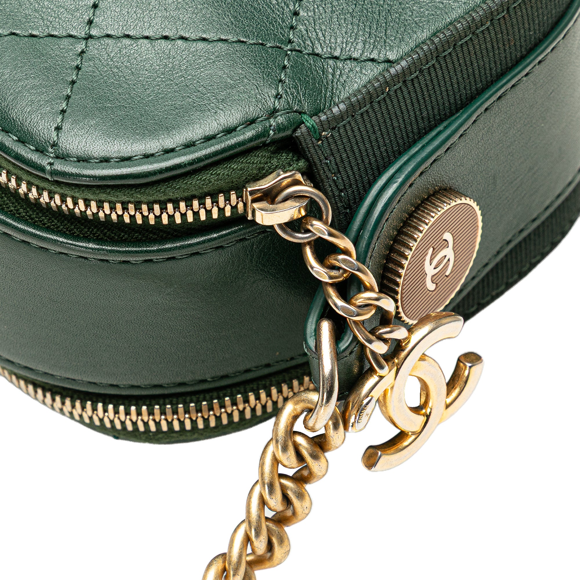 Chanel | Pre-Owned Stitched Calfskin and Grosgrain Button Up Double Zip Camera Bag | Green/Dark Green