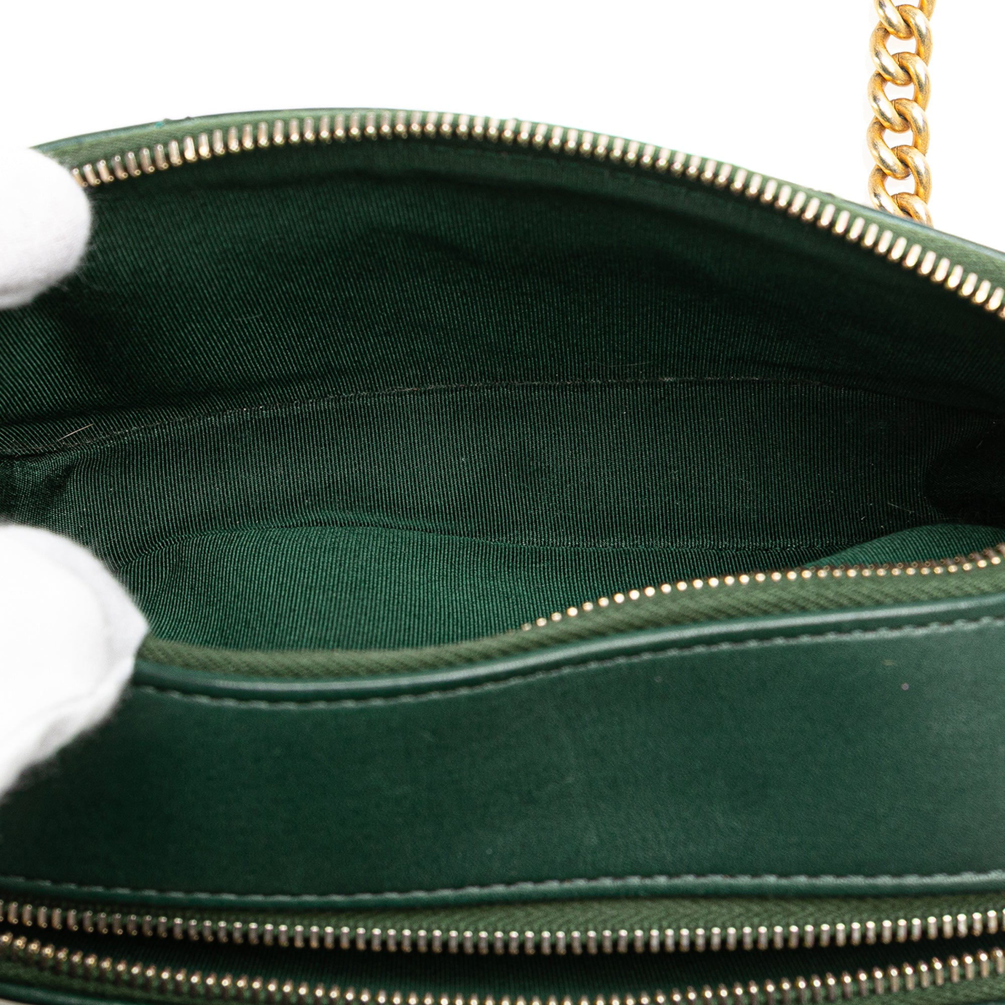 Chanel | Pre-Owned Stitched Calfskin and Grosgrain Button Up Double Zip Camera Bag | Green/Dark Green