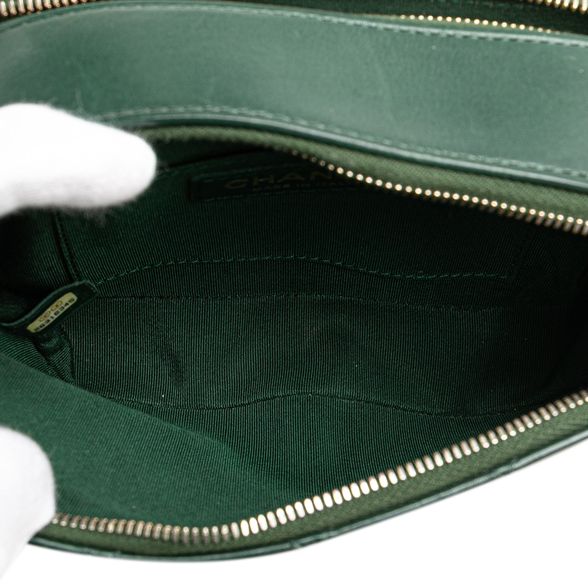 Chanel | Pre-Owned Stitched Calfskin and Grosgrain Button Up Double Zip Camera Bag | Green/Dark Green