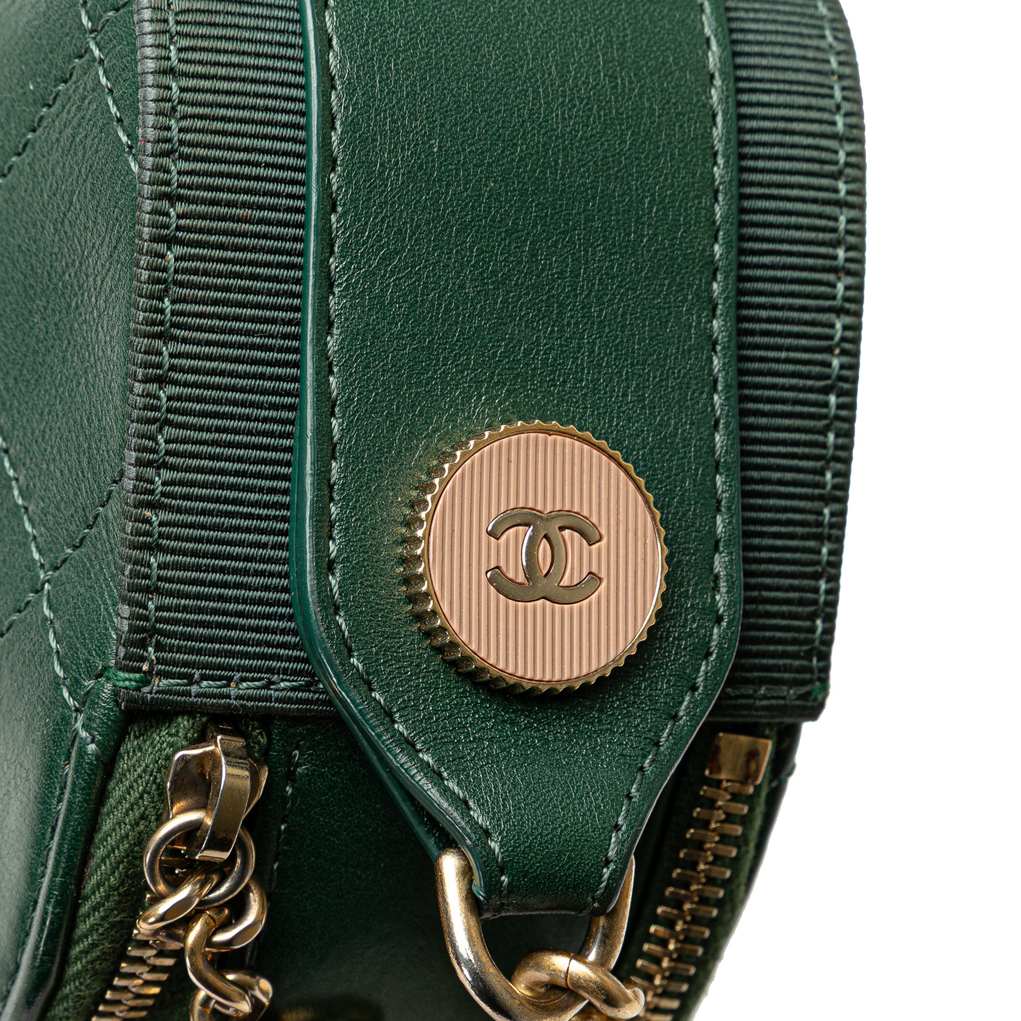 Chanel | Pre-Owned Stitched Calfskin and Grosgrain Button Up Double Zip Camera Bag | Green/Dark Green