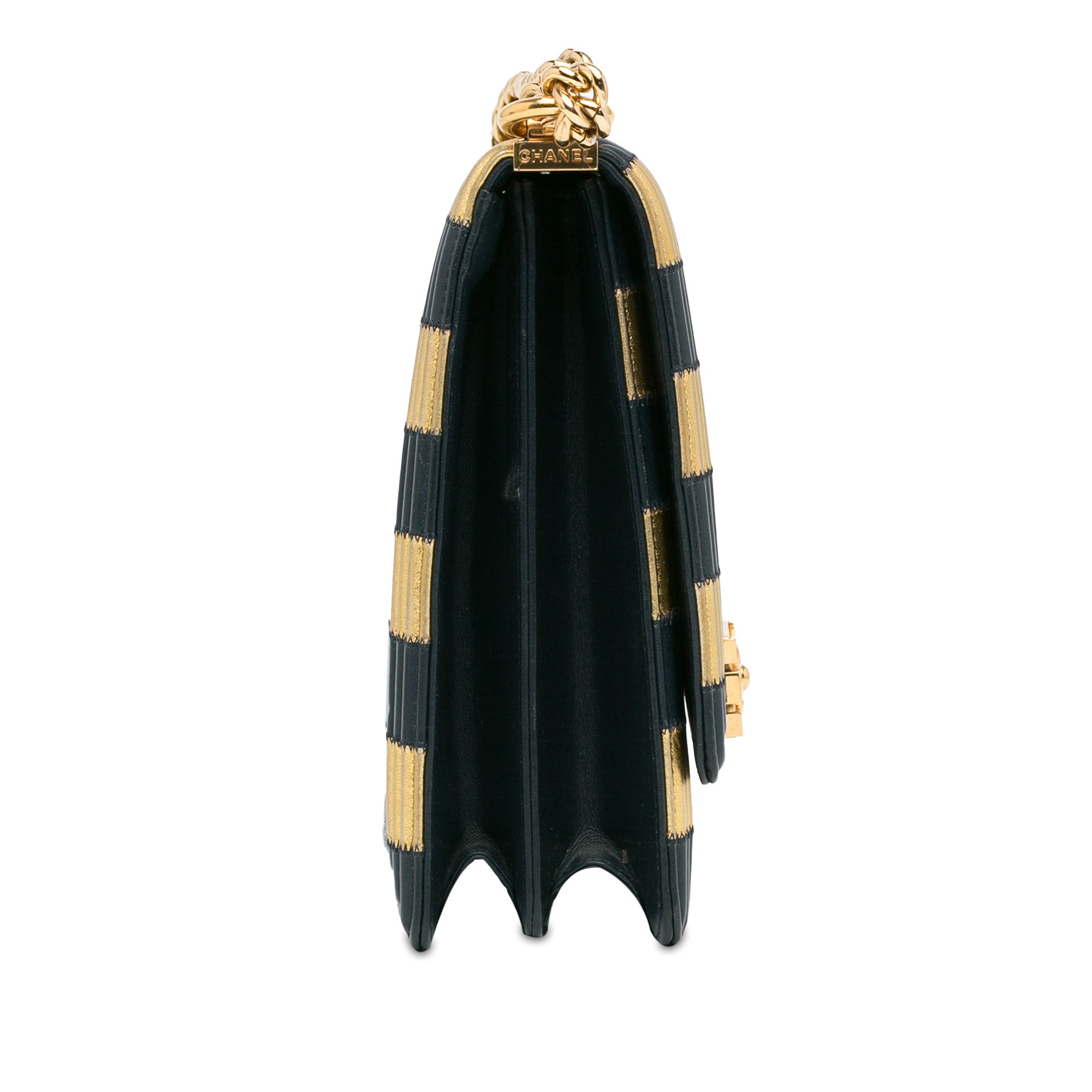 Chanel | Pre-Owned Metallic Lambskin Striped North South Boy Flap | Gold