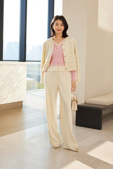 Velvet Pleated Straight Pants | White