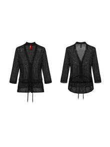 3/4 Sleeve Mulberry Silk Open-Knit Cardigan | Black