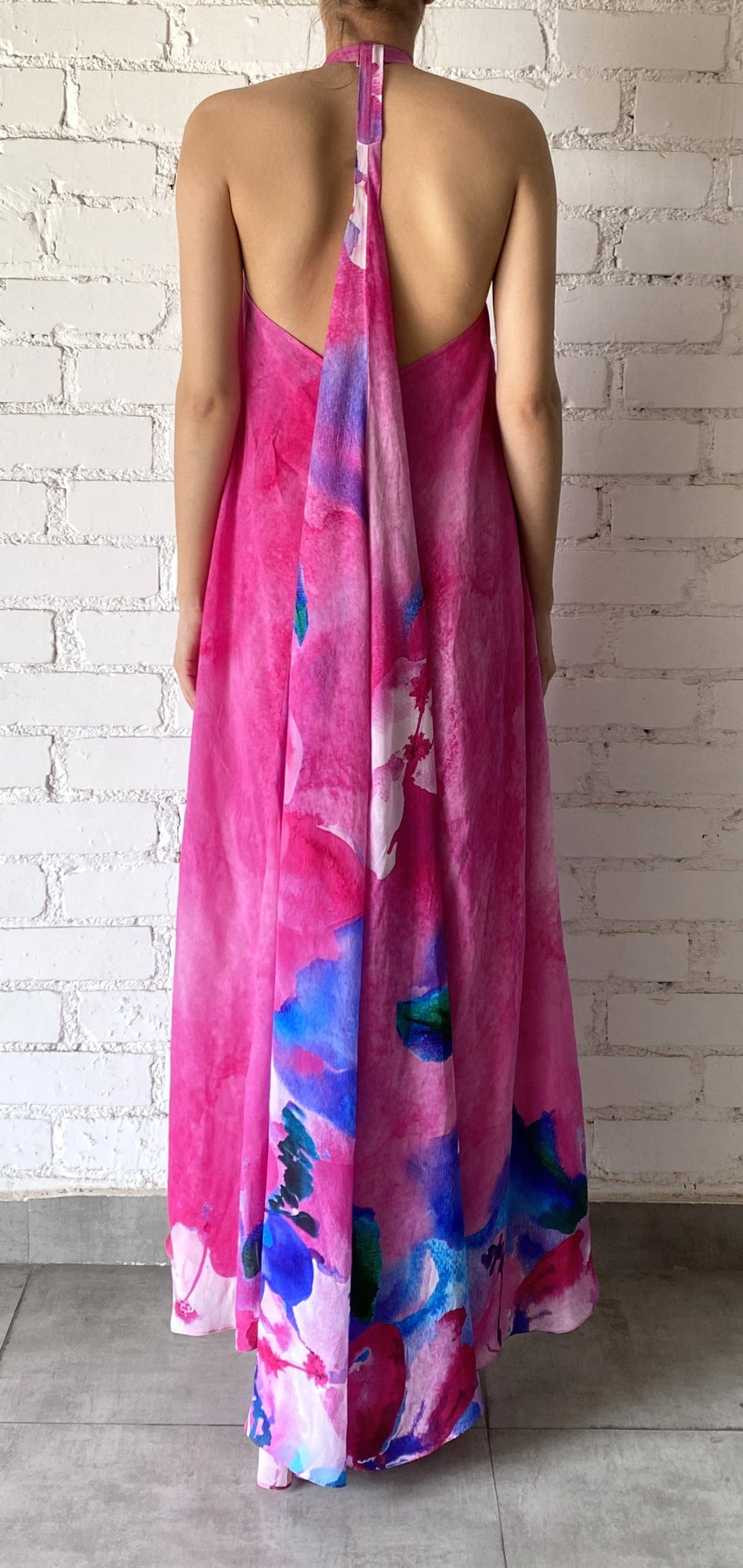 Bemberg Cupro Crepe Long Dress | Pink/Multi