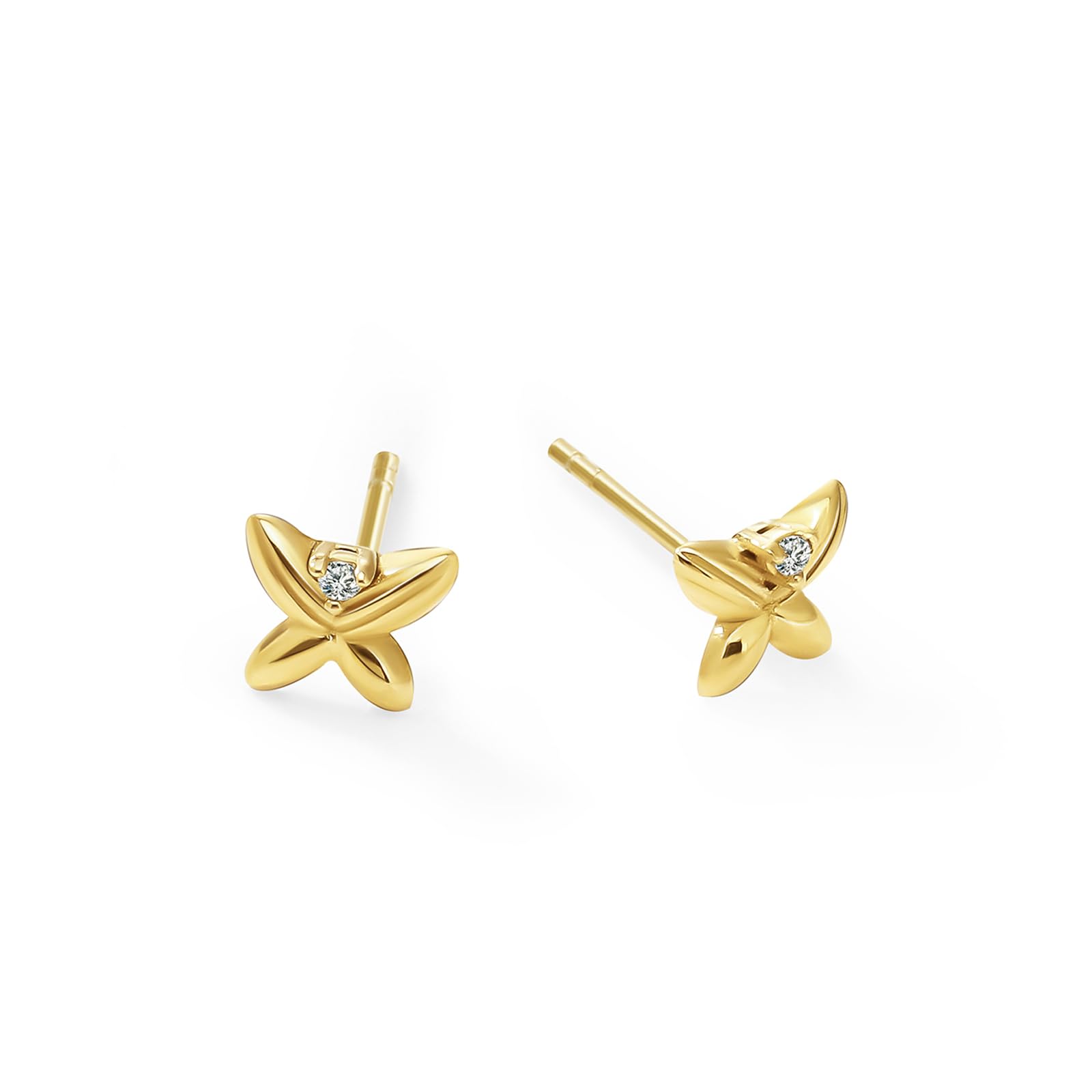 Womens | 0.02 CT Round Cut Lab Grown Accent Diamond | 4 Petal Star Stud Earrings | 14K Yellow Gold Plated Silver | G-SI