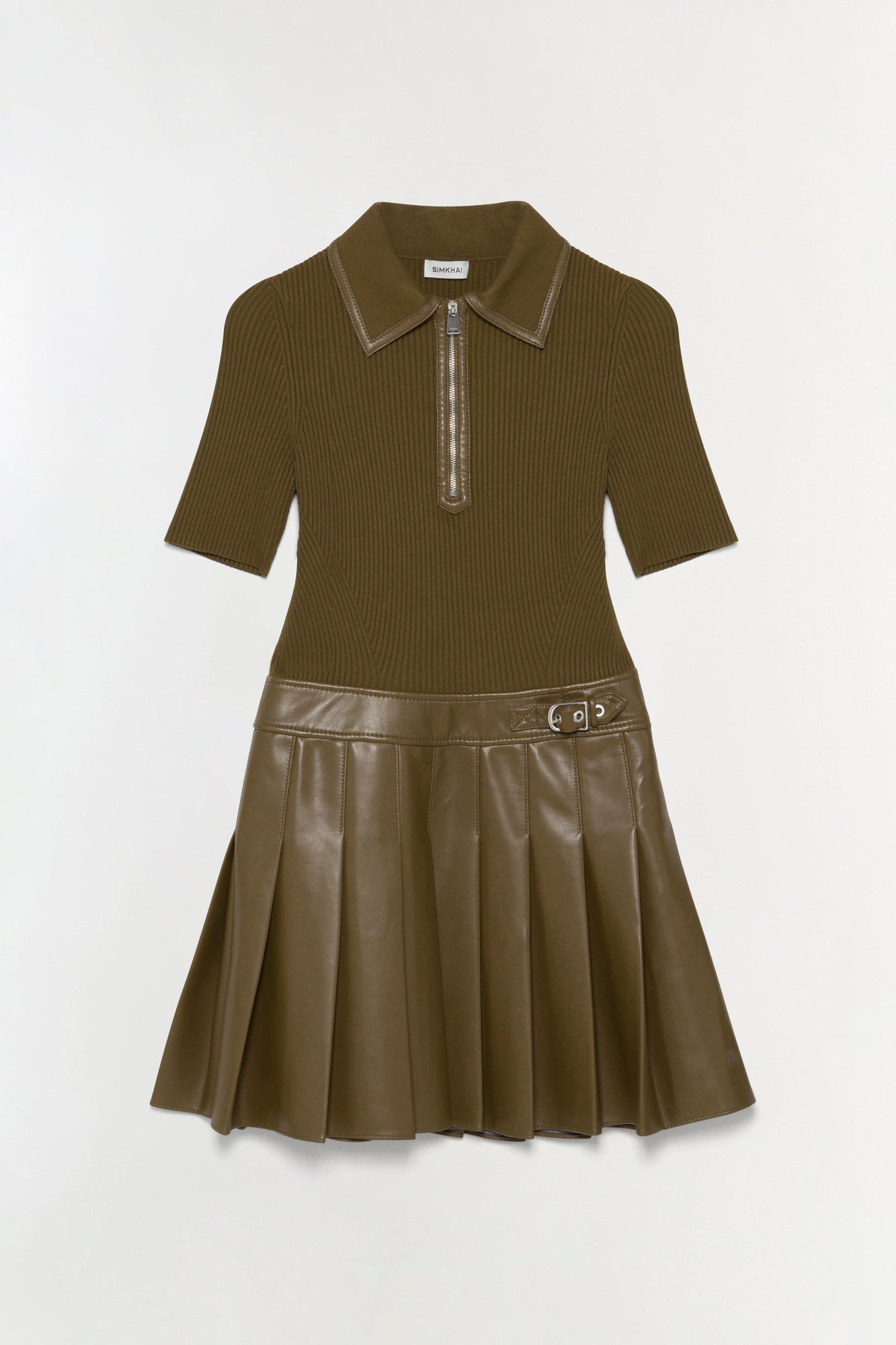 Olive green mini dress with ribbed knit short-sleeve top, leather-look pleated skirt, half-zip polo collar, and belt detail a
