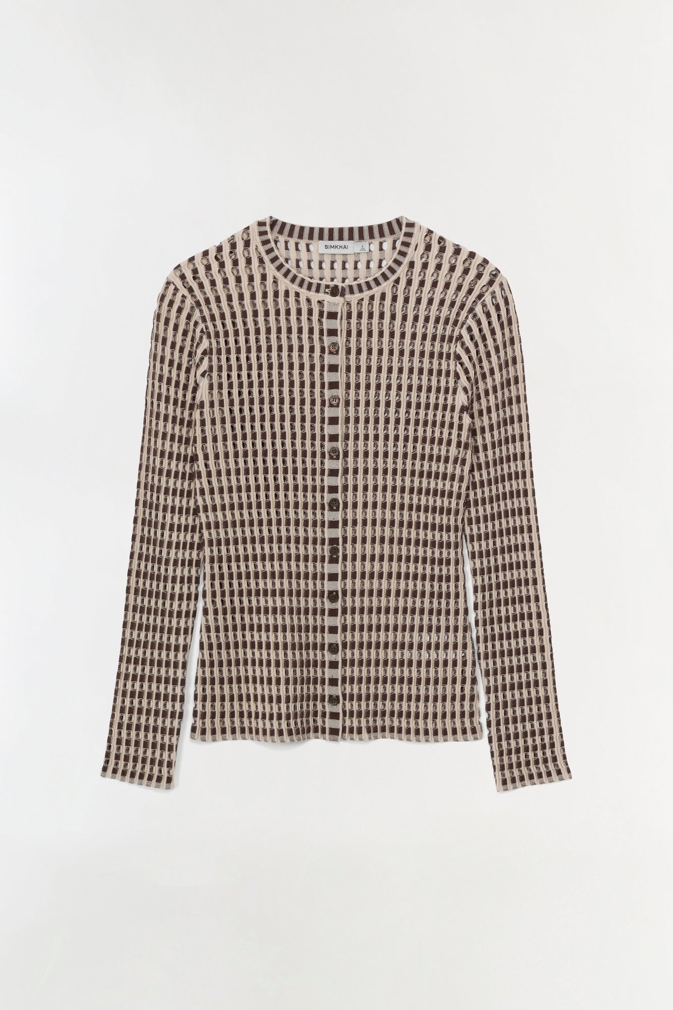 Cream and brown ribbed knit cardigan with button front closure and long sleeves.