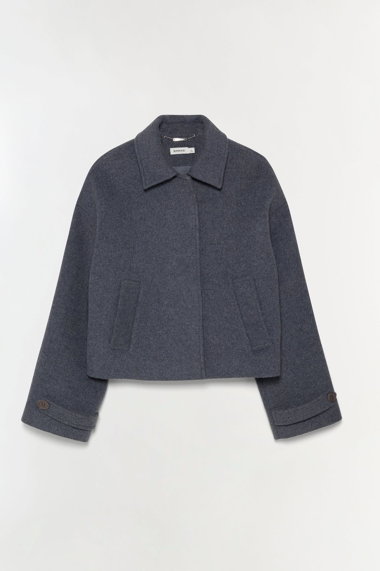 Charcoal wool jacket with collar, front button closure, patch pockets, and cuffed sleeves.