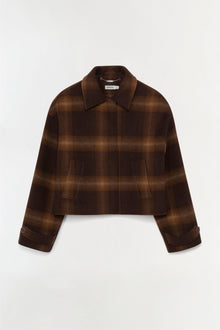 Brown plaid wool jacket with cropped length, spread collar, and button cuffs.