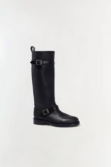 Black leather knee-high boot with buckle straps and pull-up loop.