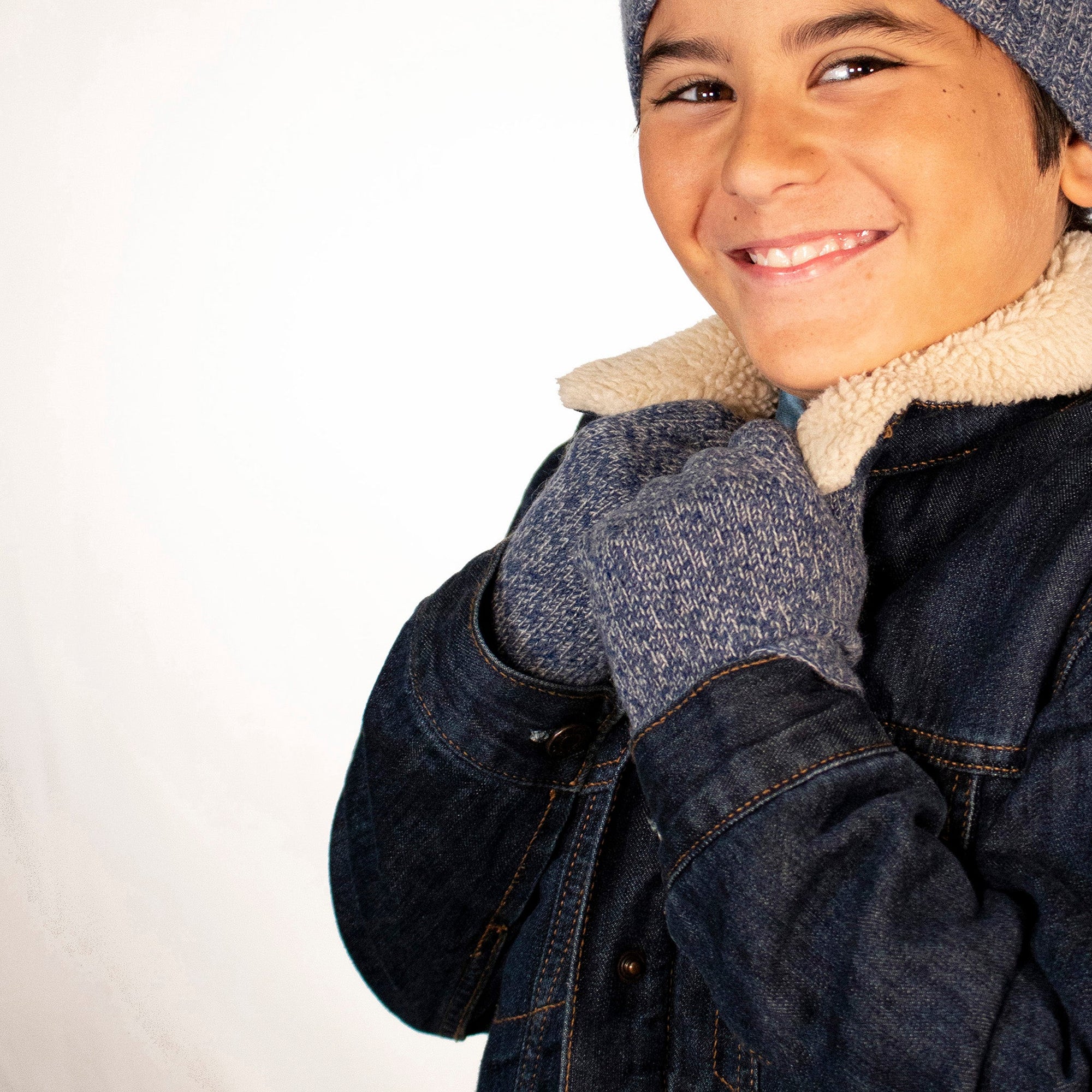 Kids Cashmere Tweeded Gloves | Denim/Grey