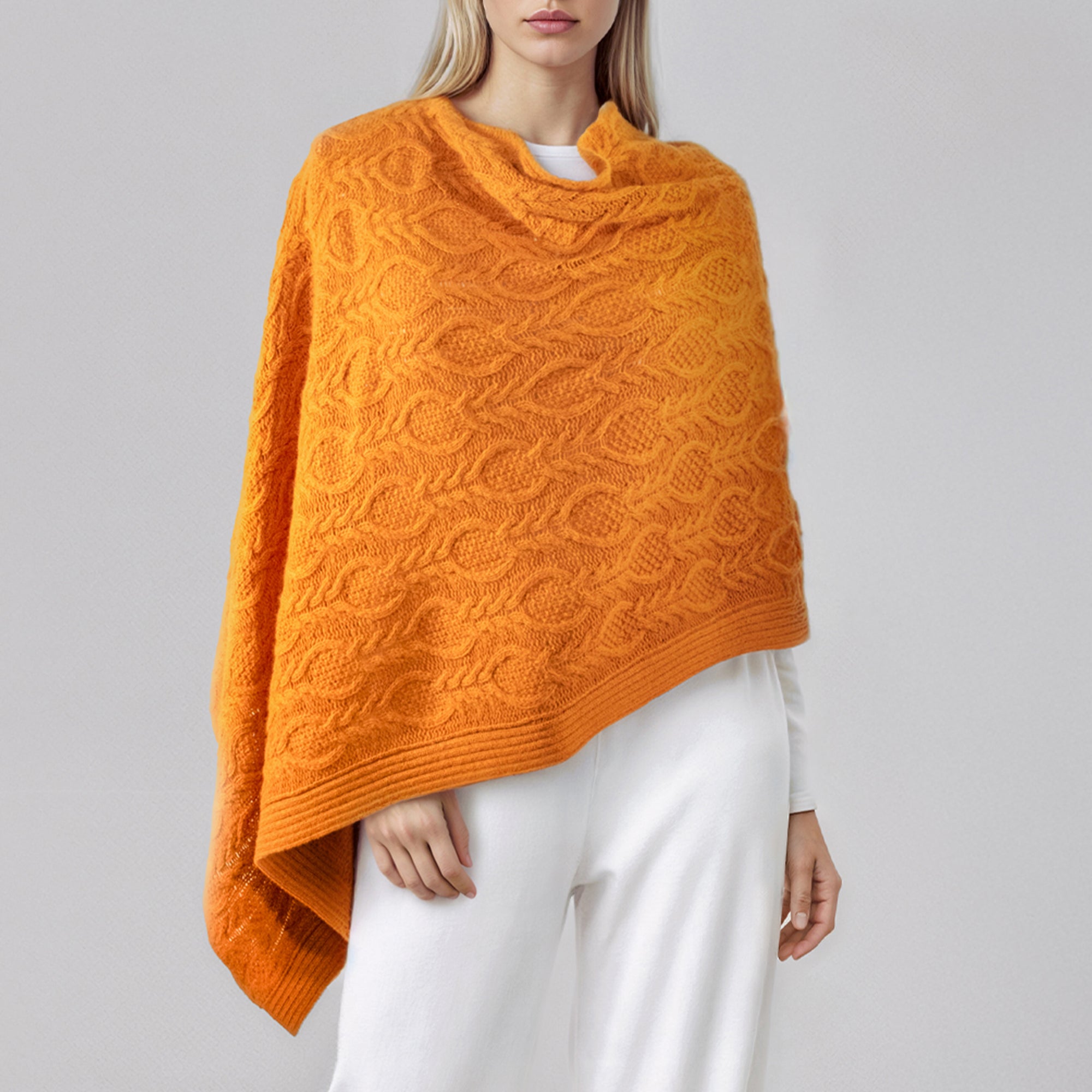 Womens | Cowlneck Poncho In Cable Design | Pumpkin