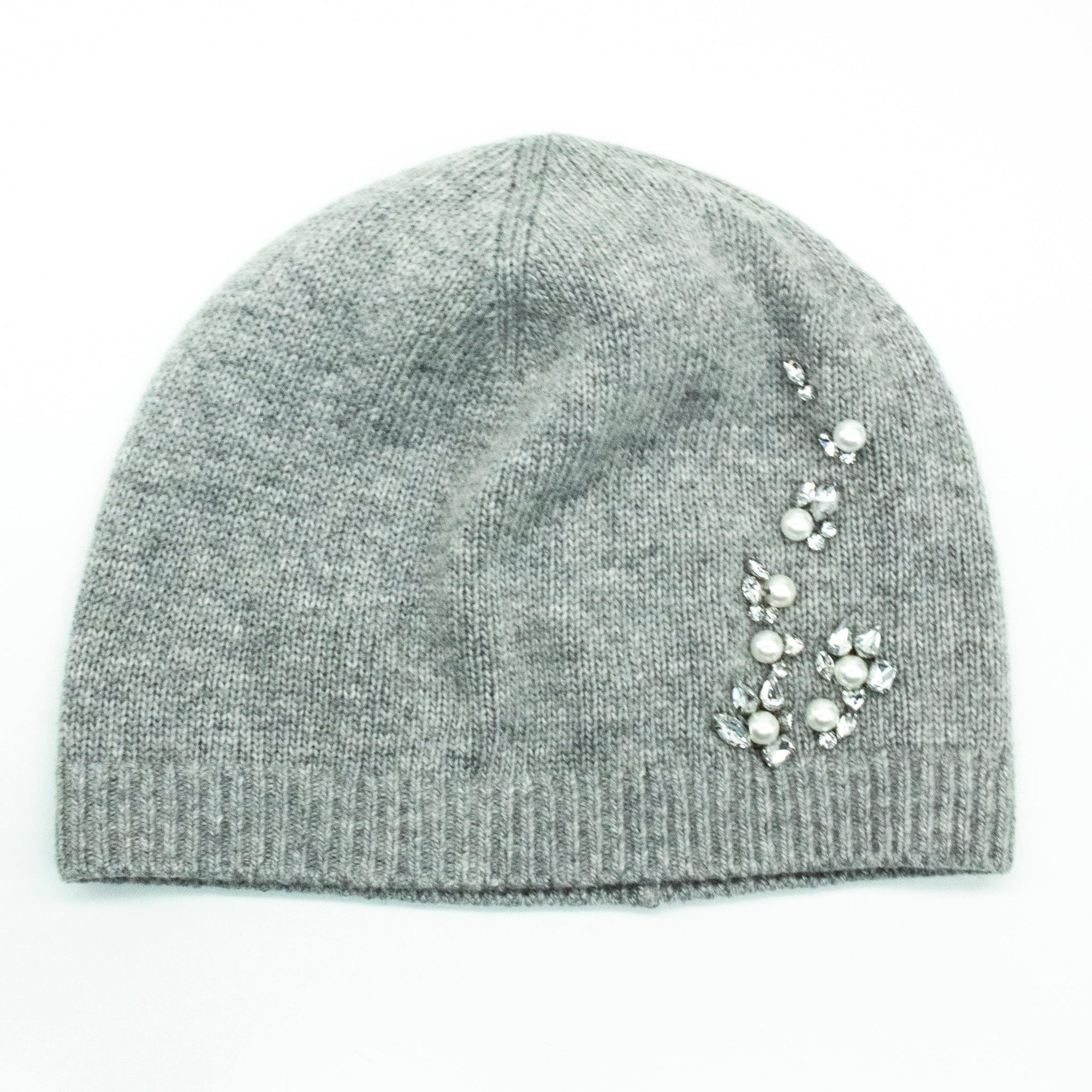 Beanie Hat With Stones And Pearls | Light Grey