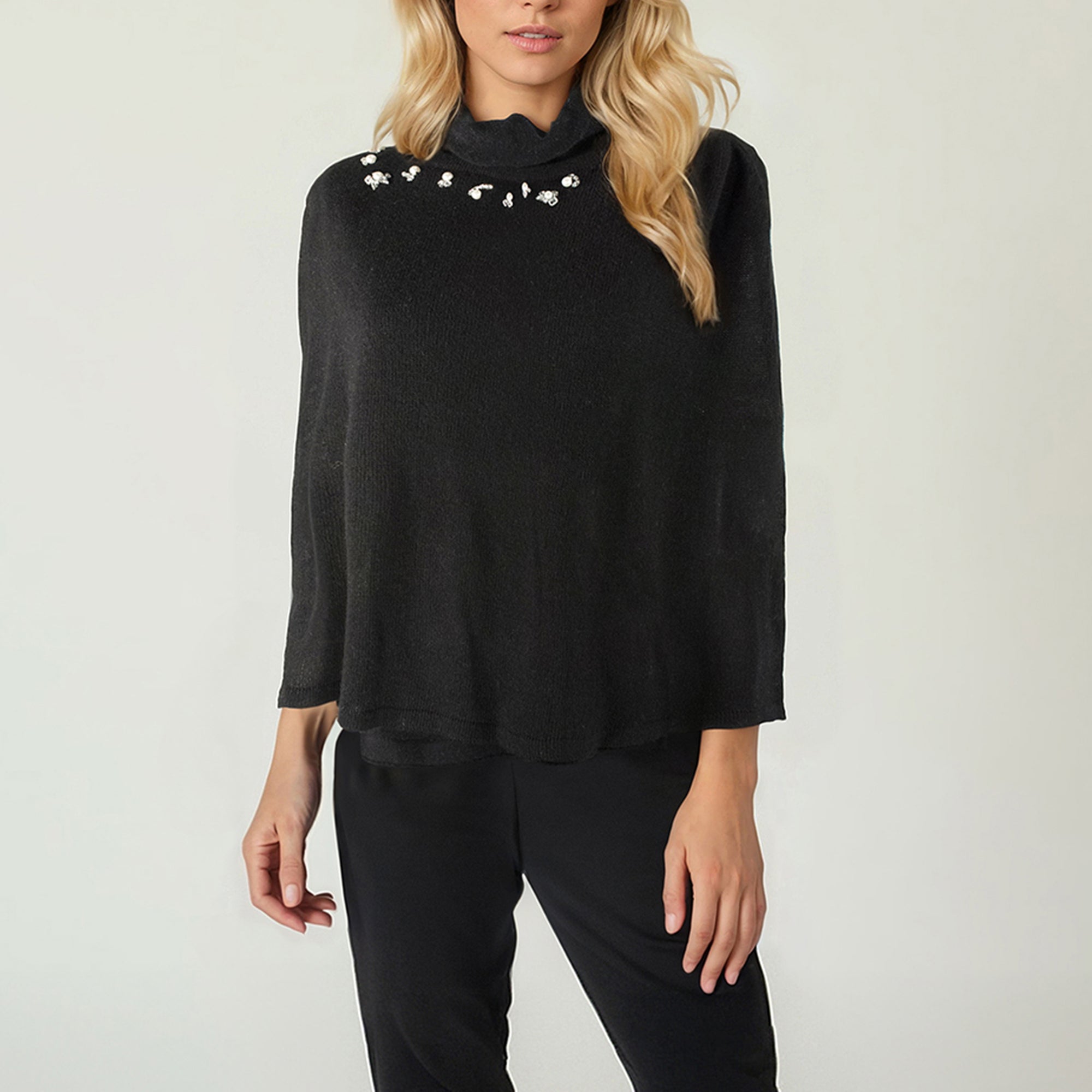 Womens | Poncho with Crystal Stones | Black