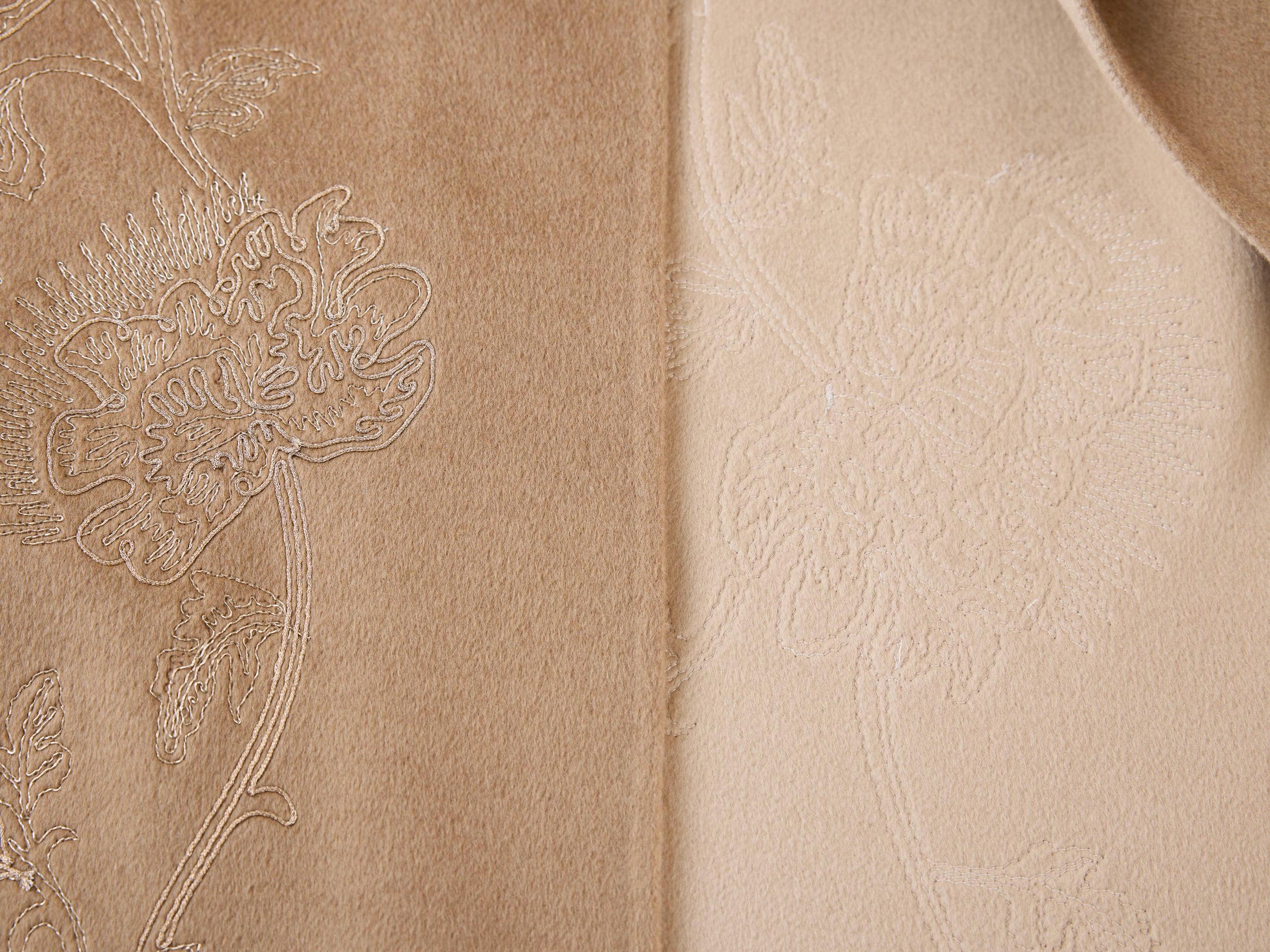 Gold Thread Embroidered Wool Cashmere Blended Coat | Camel