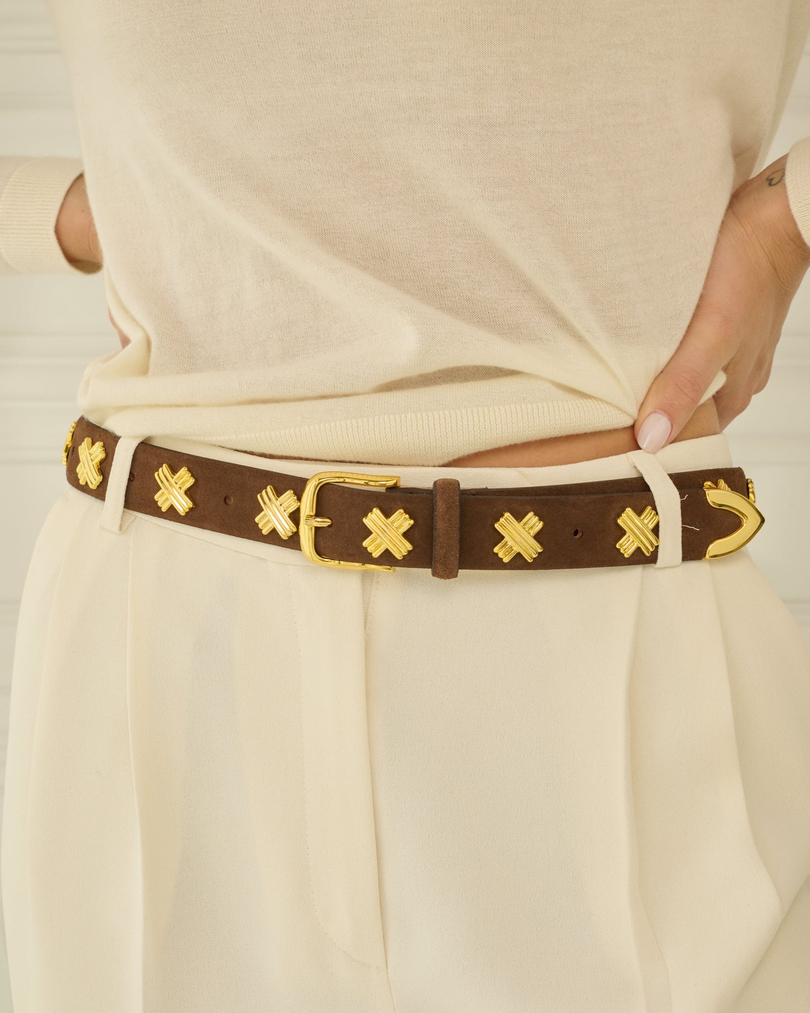 X Studded Belt | Chocolate/Gold