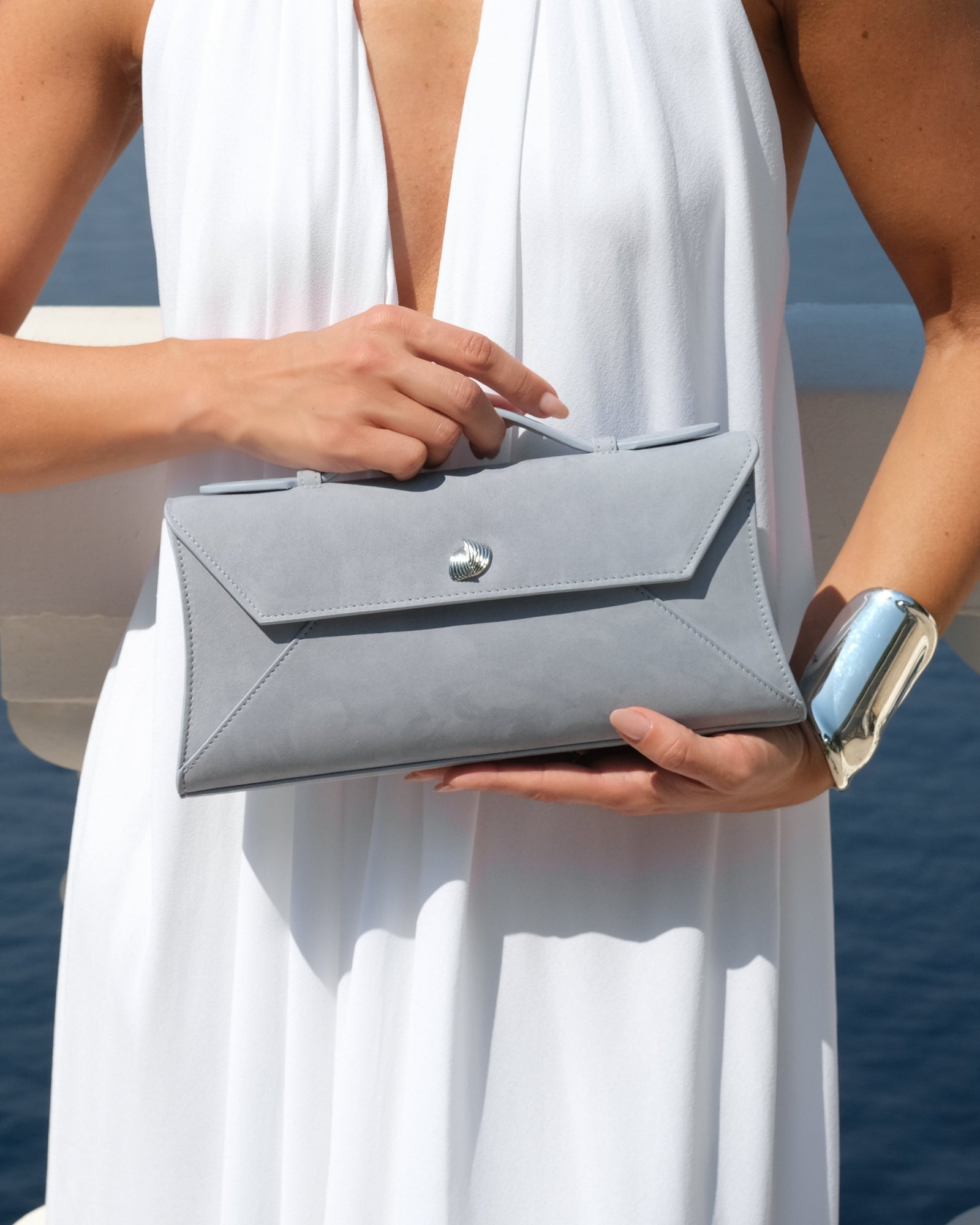 Cassandra Clutch | Light Blue Suede