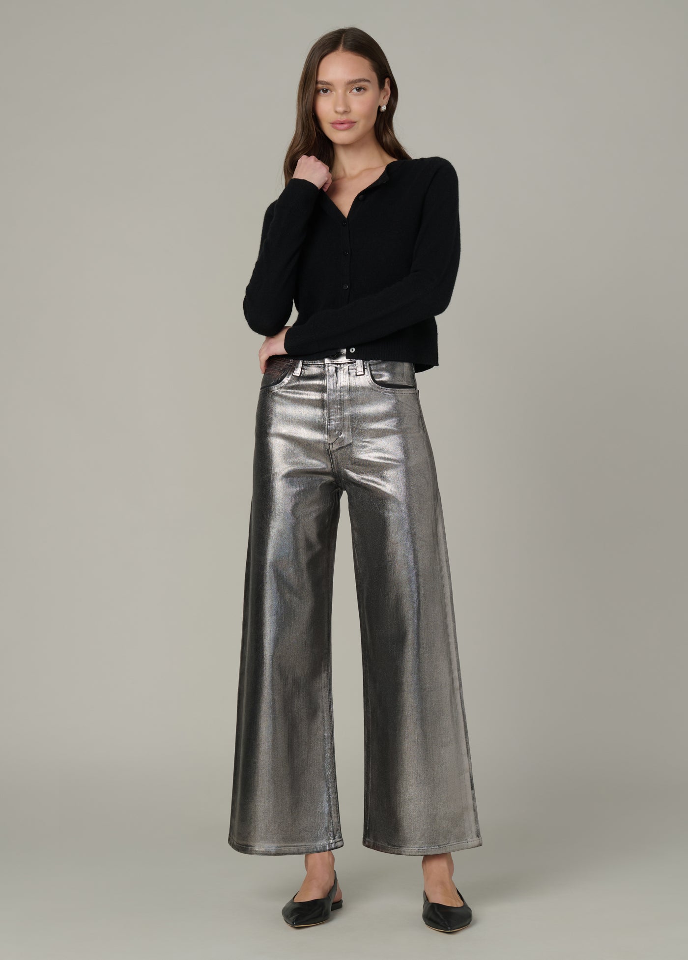 The Mia Wide Leg Ankle jeans in Pewter Foil – stylish high rise wide leg jeans for modern looks.