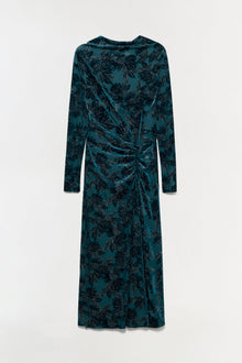 Teal velvet midi dress with black floral pattern, long sleeves, and ruched side detailing.