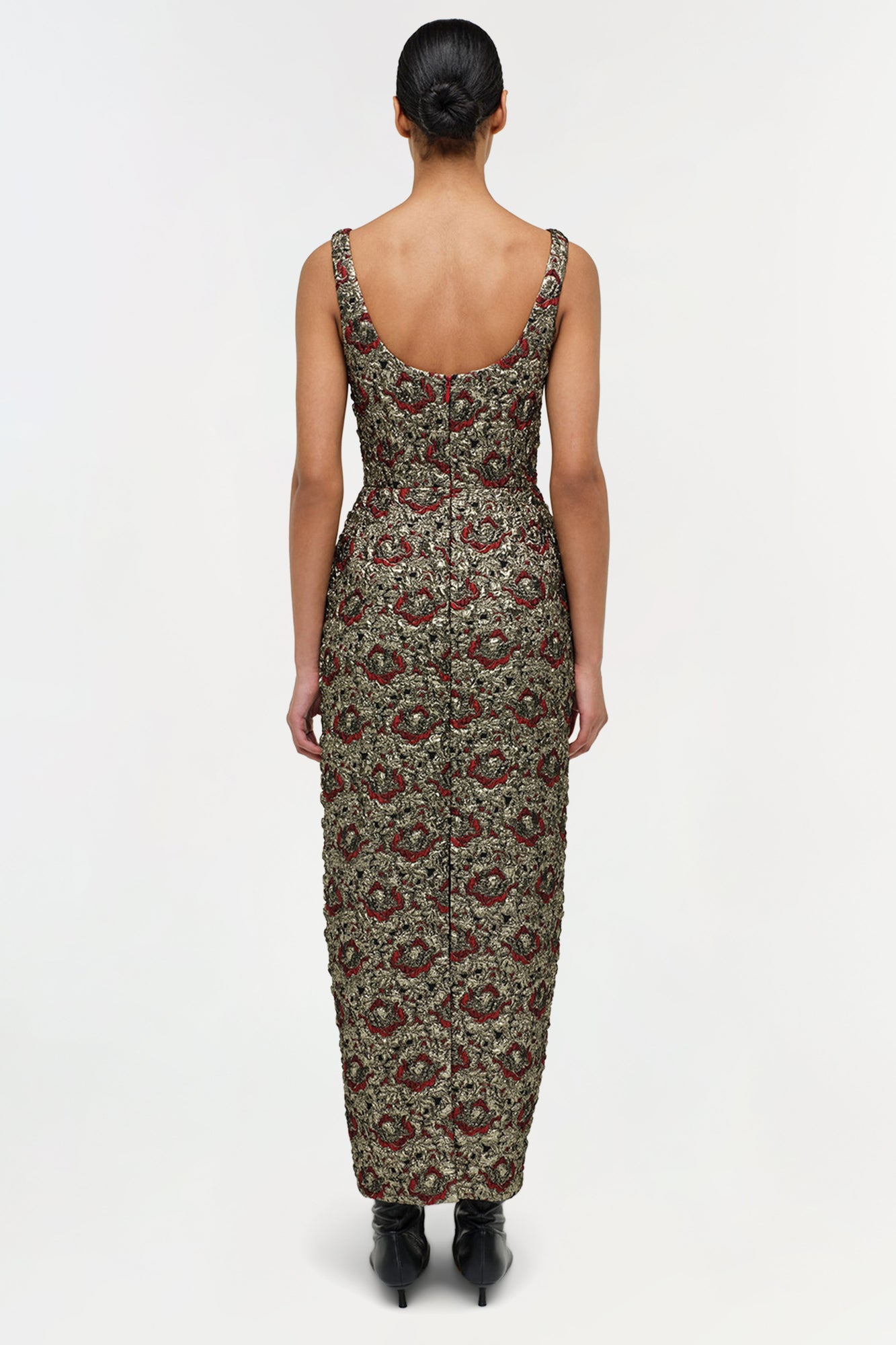 Sleeveless midi dress with gold and red floral jacquard pattern, scoop neckline, and fitted bodice, shown from back view.