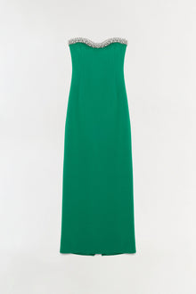 Green strapless gown with crystal beading along the neckline and A-line silhouette.