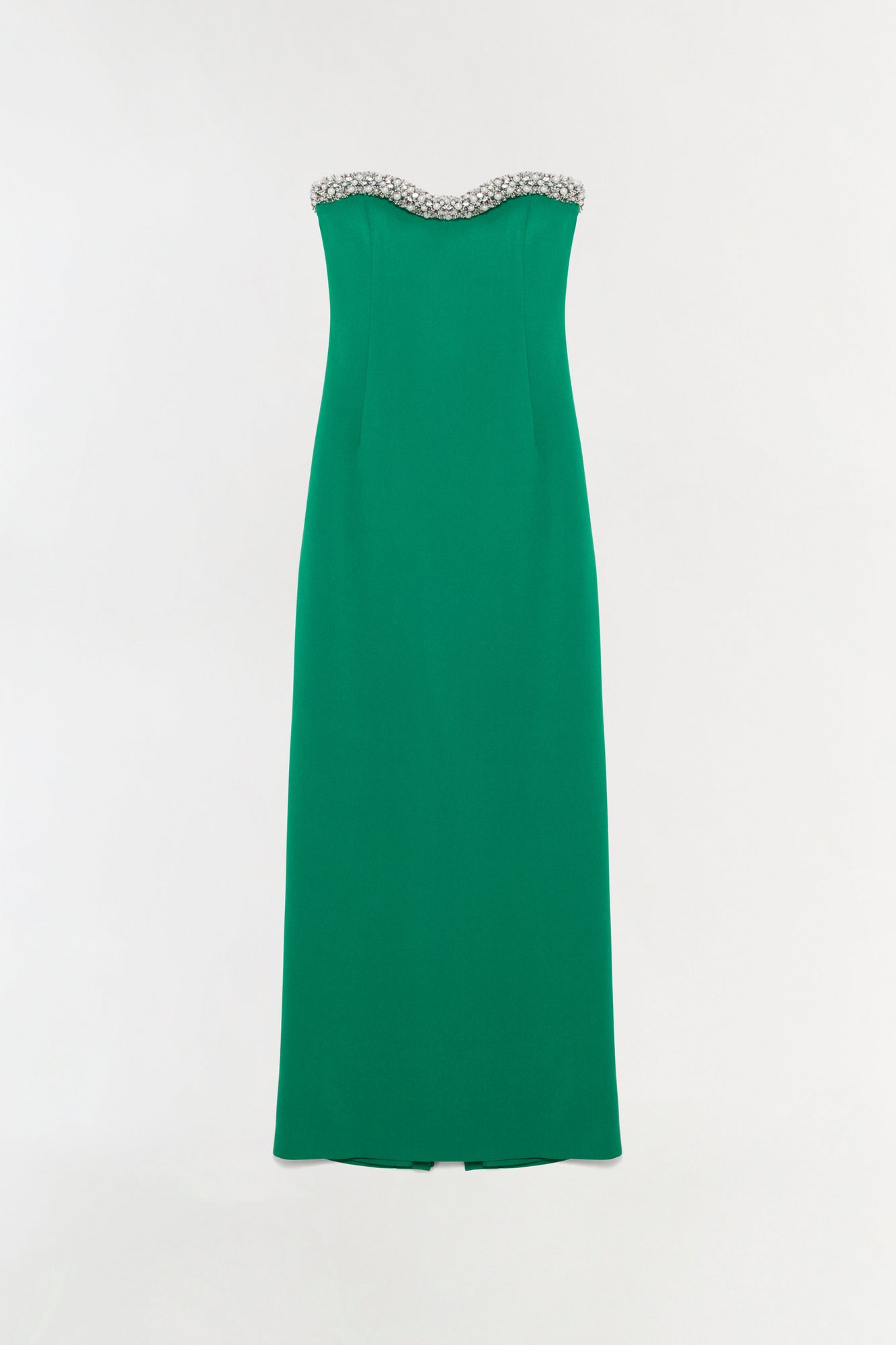 Green strapless gown with crystal beading along the neckline and A-line silhouette.