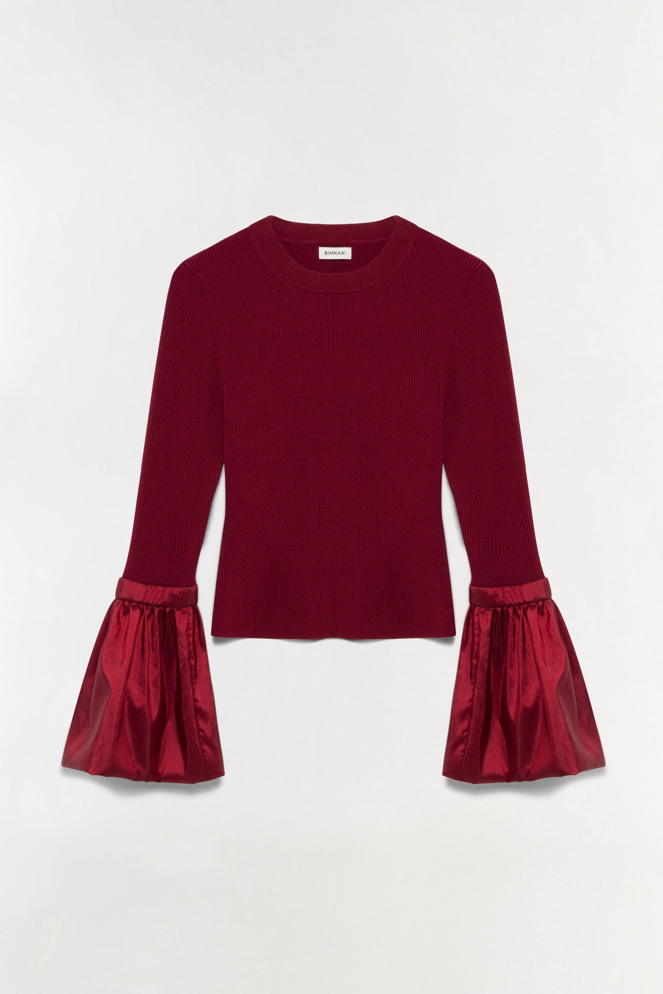 Burgundy ribbed knit top with gathered taffeta bell sleeves and crew neckline.