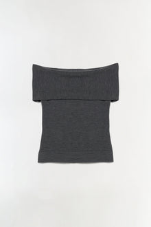 Charcoal wool top with off-shoulder neckline and folded collar detail.