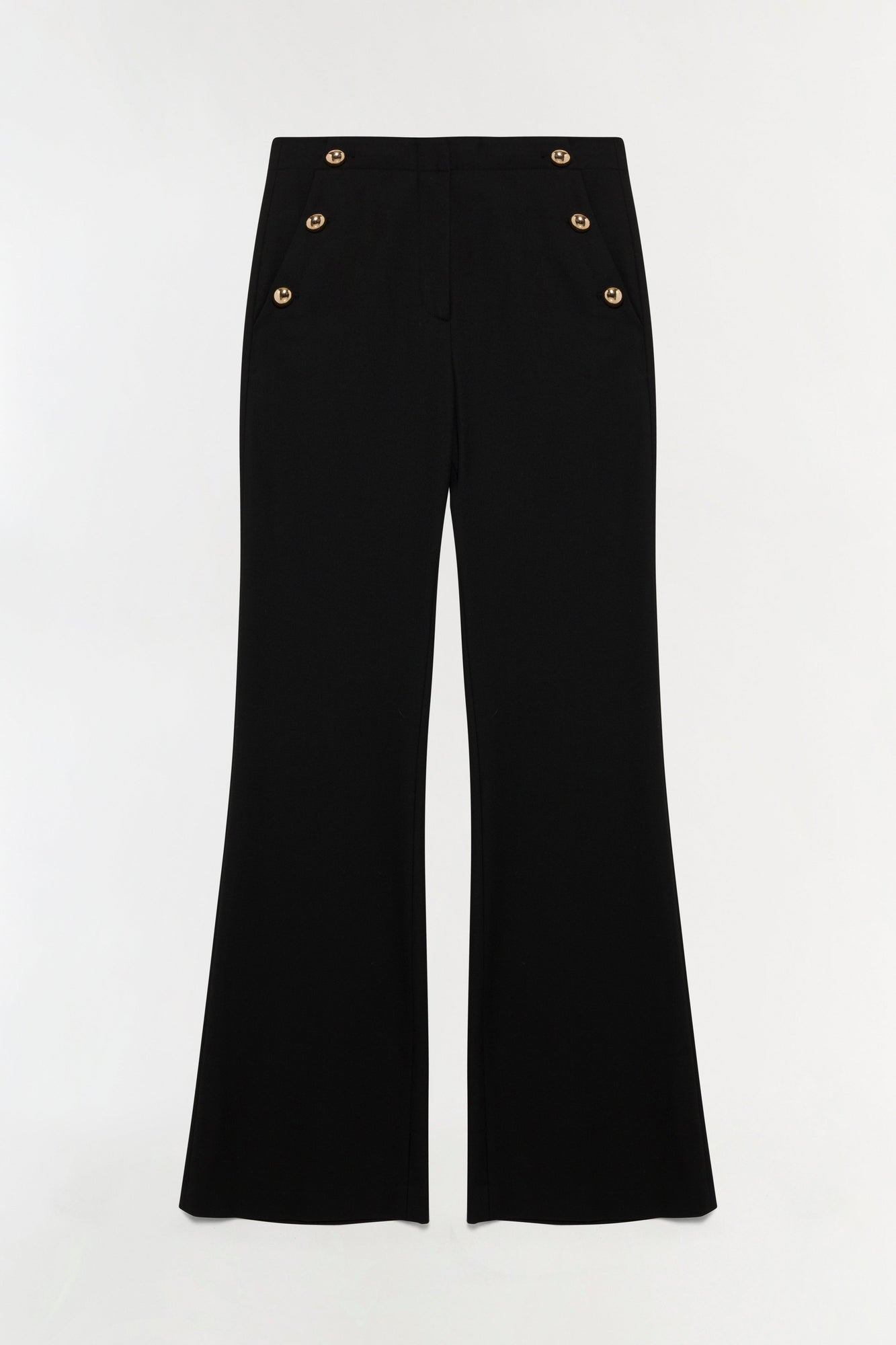 Black tailored trouser with gold buttons on hip pockets and wide-leg silhouette.