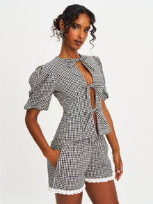 Qutayla Cotton Lace Trim Shorts | Black Gingham