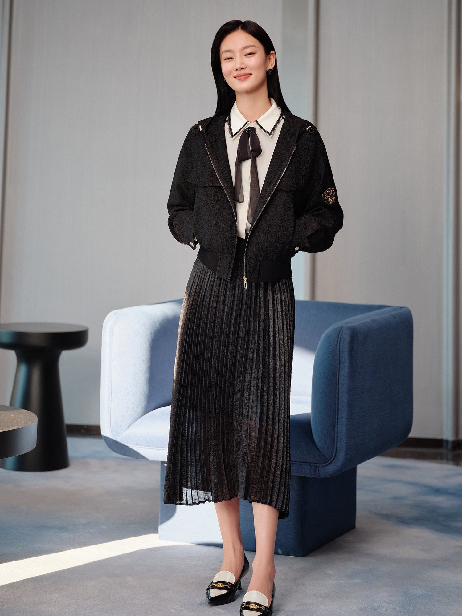 Pleated Gauze Midi Skirt | Black