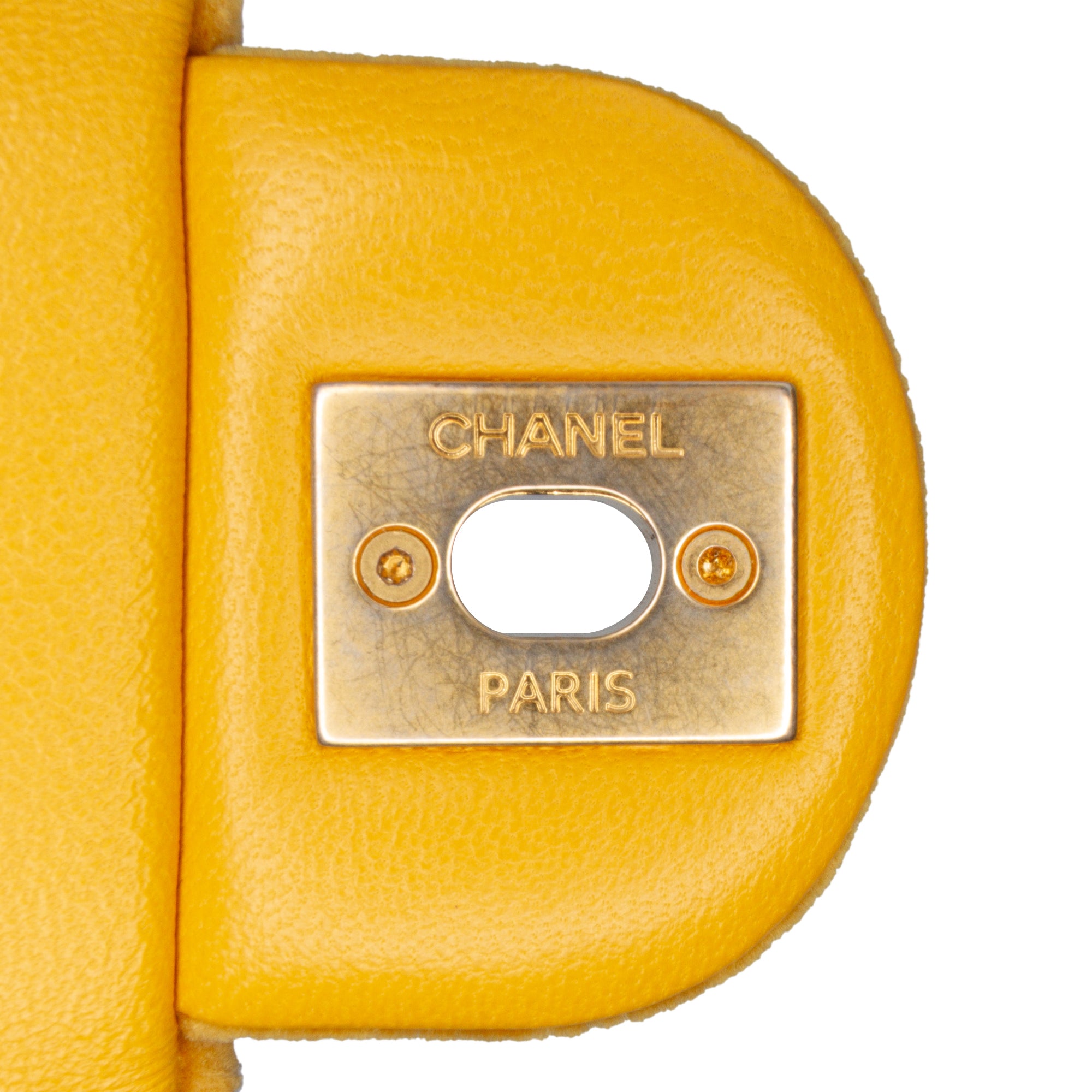 Chanel | Pre-Owned Mini Square Velvet Camellia Embossed Flap | Yellow/Mustard