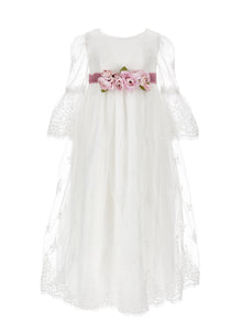 Girls | Long Embroidered Tulle Lace Dress | Cream