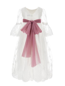 Girls | Long Embroidered Tulle Lace Dress | Cream