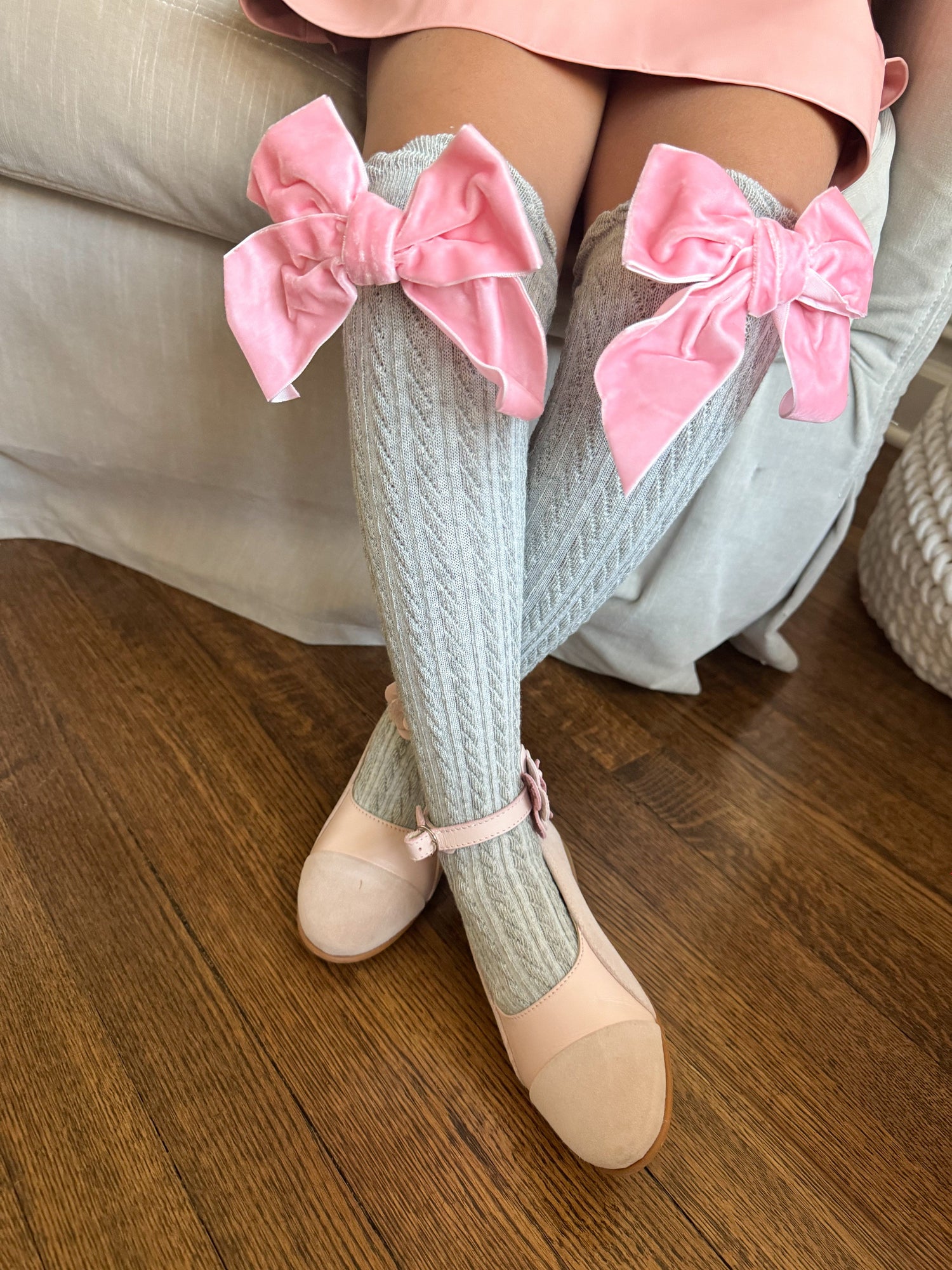 Grey Knee High Socks with Pink Velvet Bow | Grey