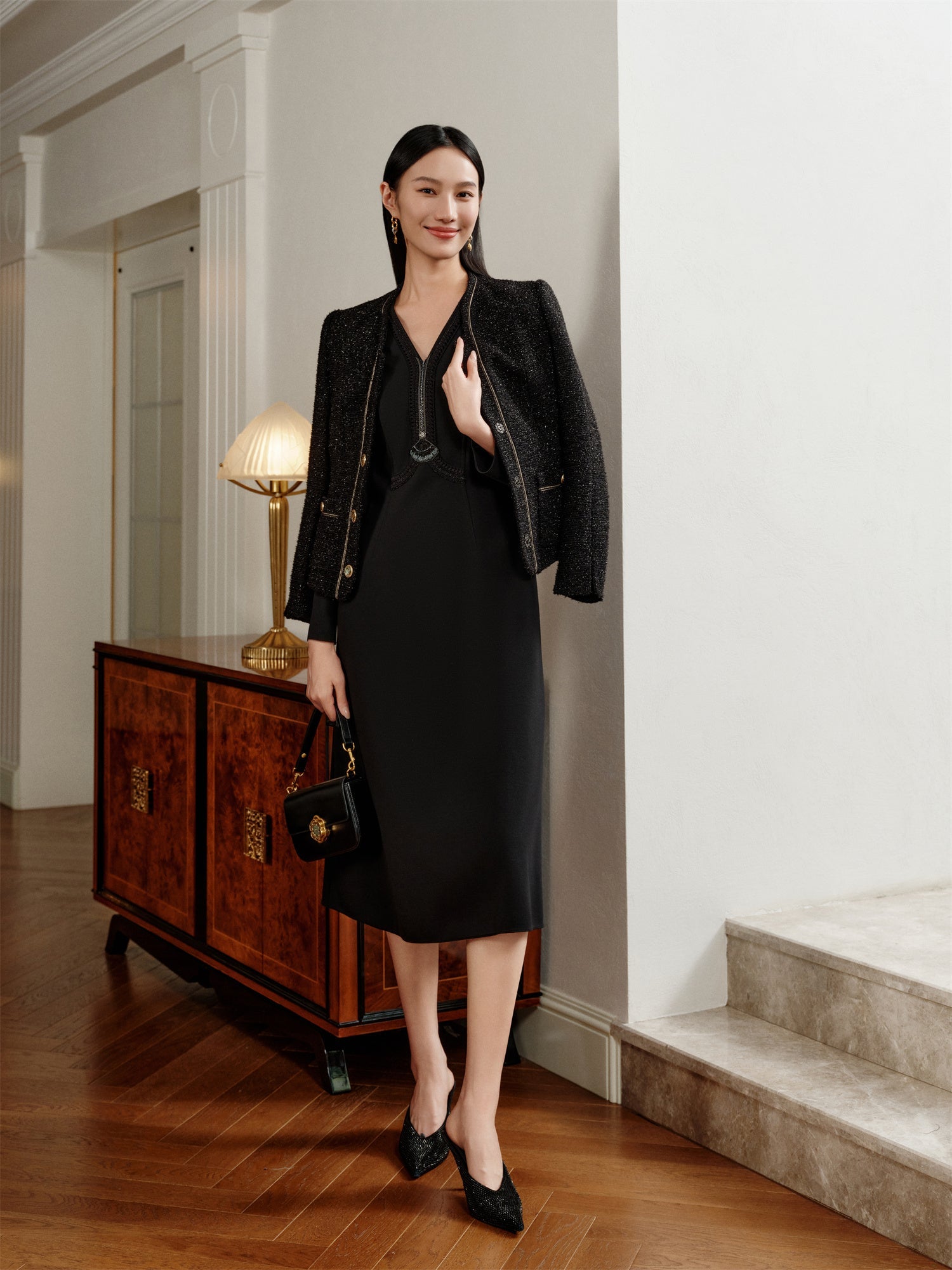 V-Neck Waist-Cinching A-Line Mid-Length Dress | Black